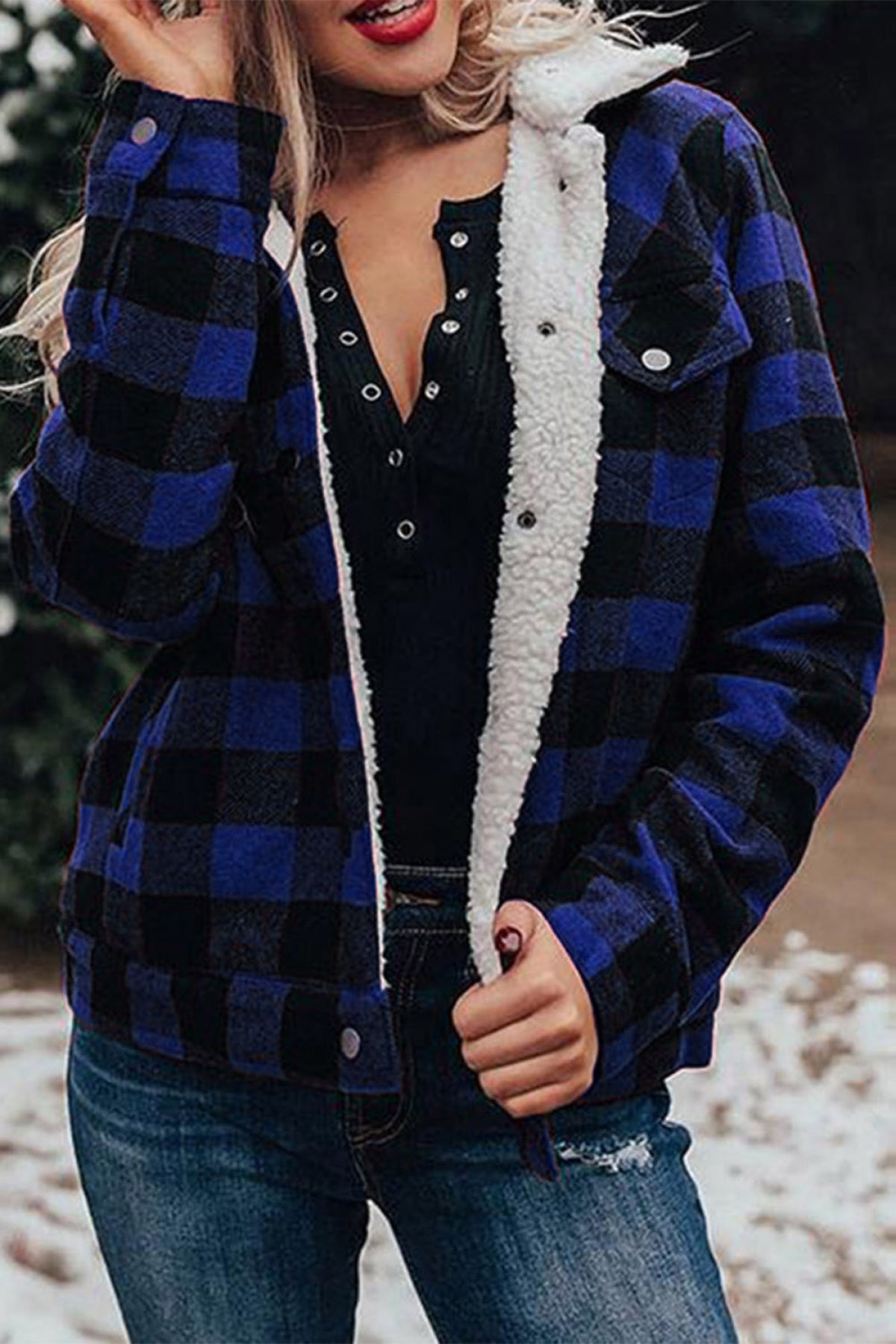 Plaid Print Fleece Button Jacket