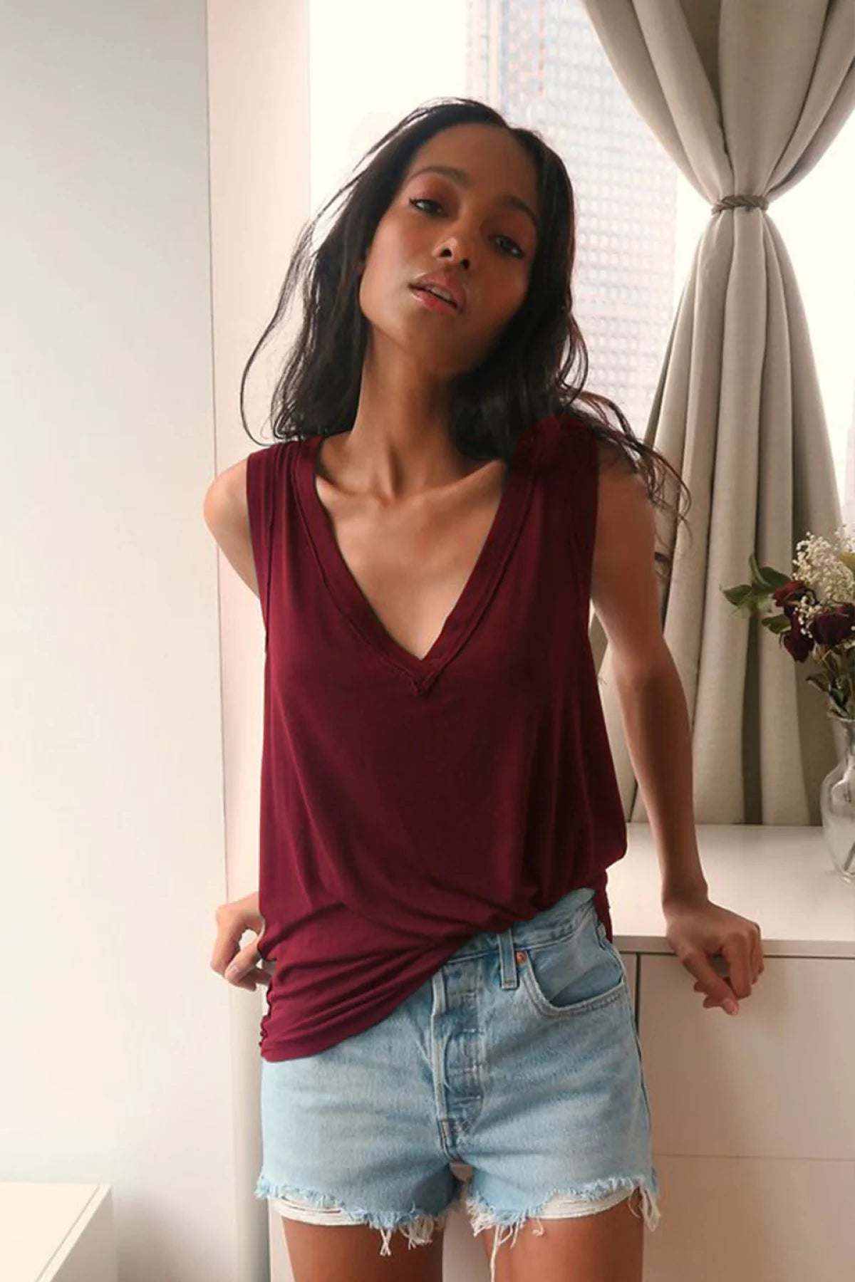 Deep V Solid Color Tank Top