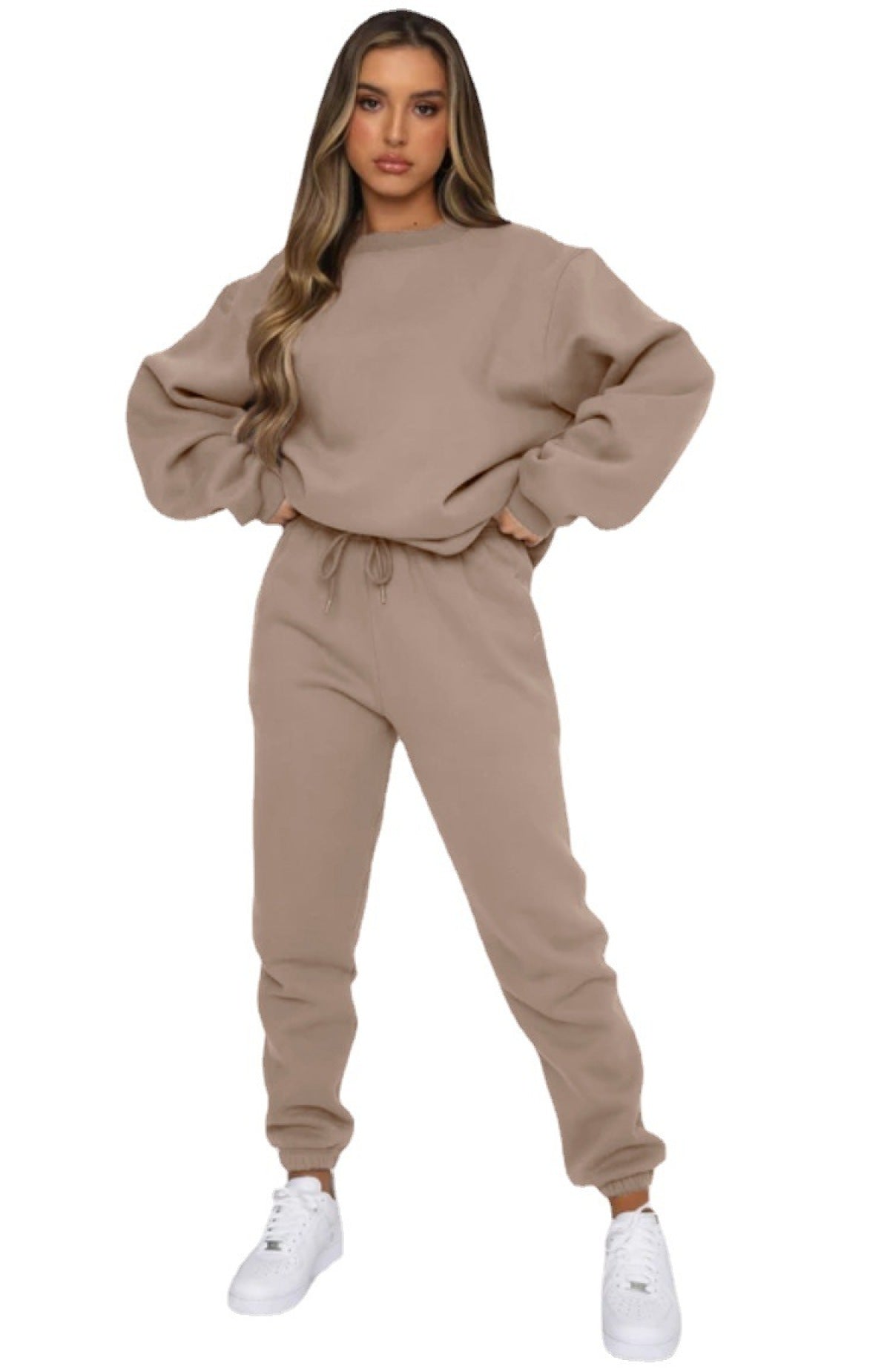 Solid Color Round Neck Long-Sleeved Sweatshirt & Sweatpants Set