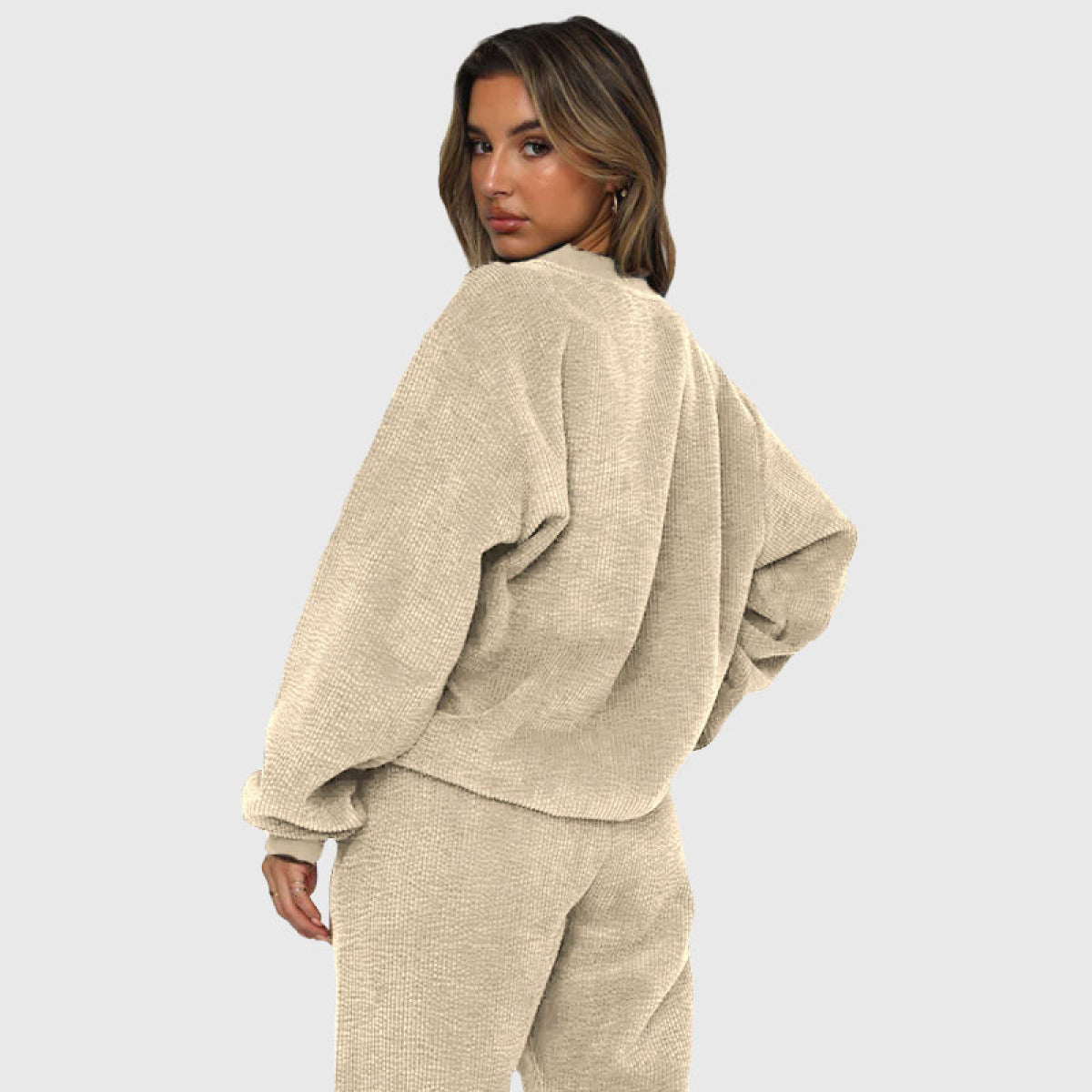 Corduroy Crew Neck Pullover Long Sleeve Sweatshirts & TiePants Two-Piece Sets