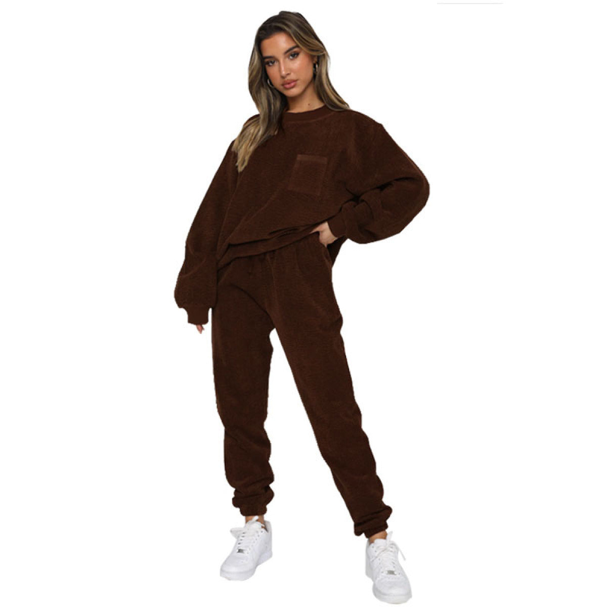 Corduroy Crew Neck Pullover Long Sleeve Sweatshirts & TiePants Two-Piece Sets