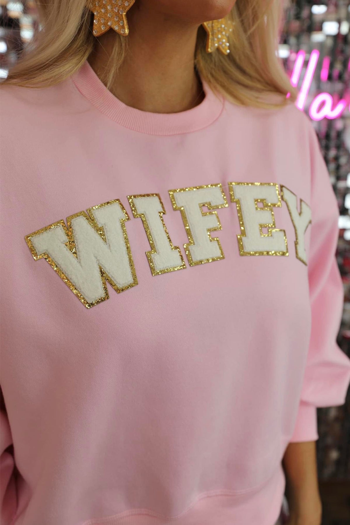 Pink WIFEY Graphic Crew Neck Pullover Sweatshirt