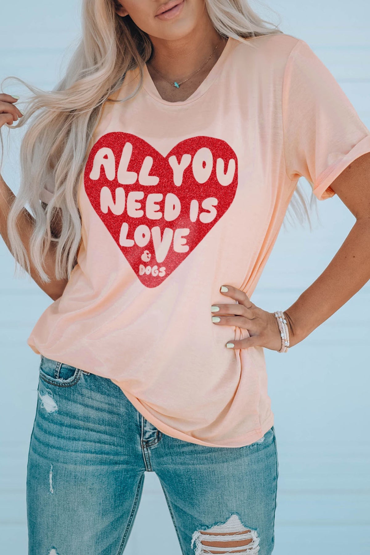 Pink All YOU NEED IS LOVE Heart Glitter Graphic T-Shirt