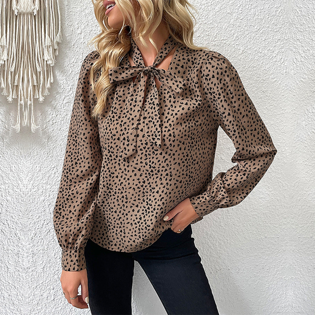 V-Neck Lantern Sleeve Leopard Tie Blouse