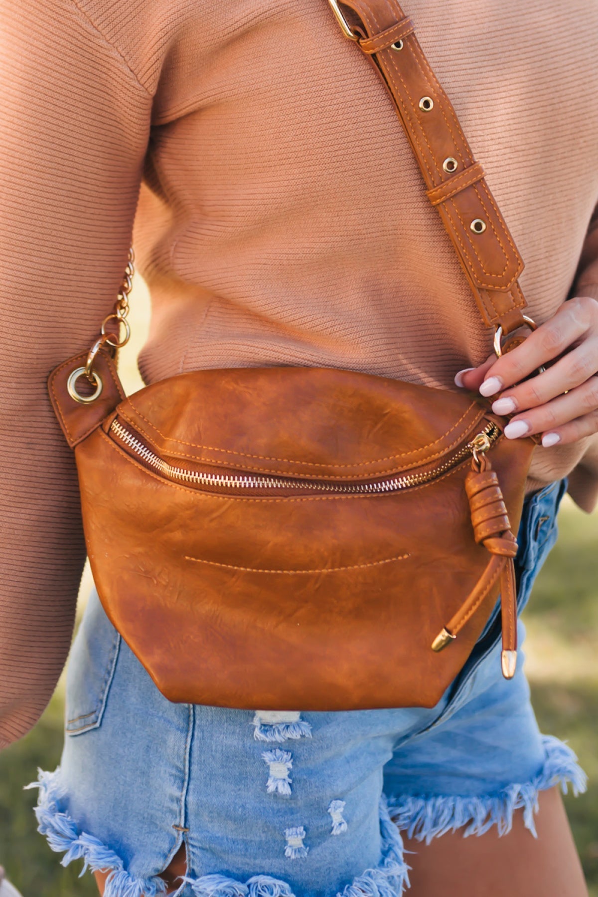 Brown PU Leather Adjustable Strap Zipped Chest Pockets