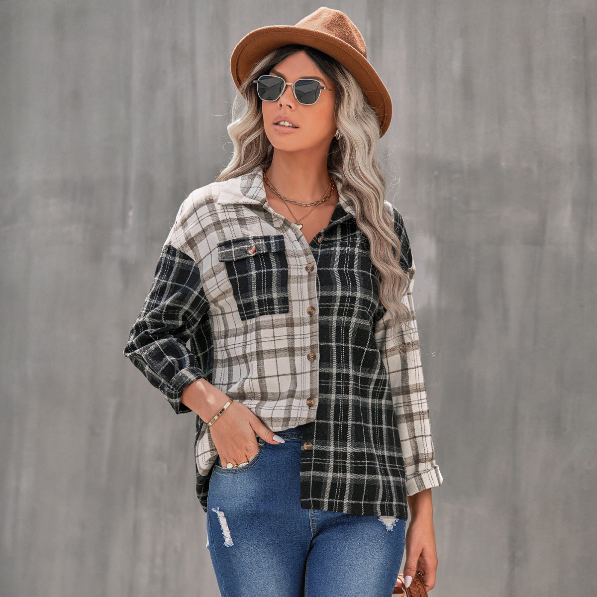 Plaid Color Block Button Up Long Sleeve Shirt