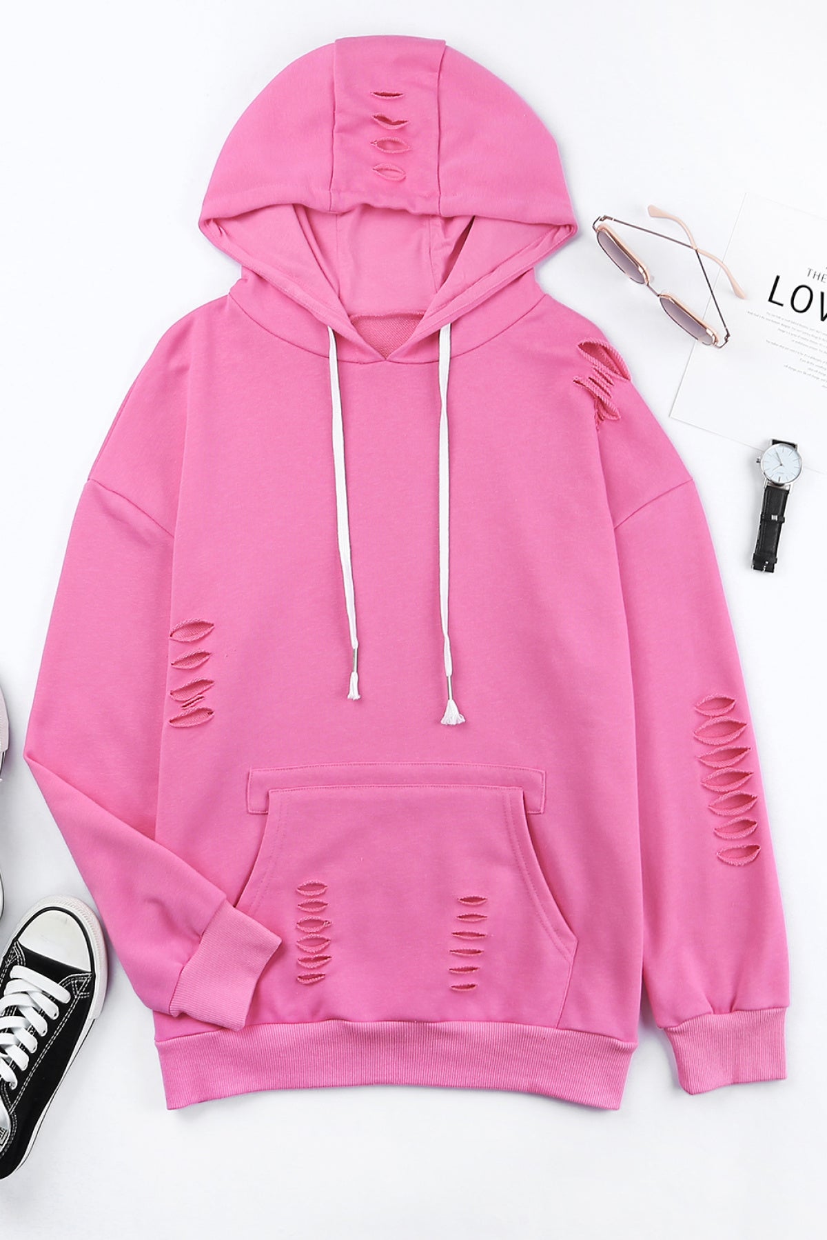 Pink Shabby Distressed Drawstring Hoodie