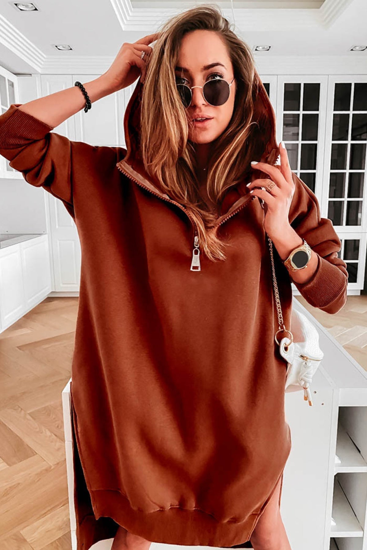 Brown Loose Half Zipper Side Slit Hooded Dress