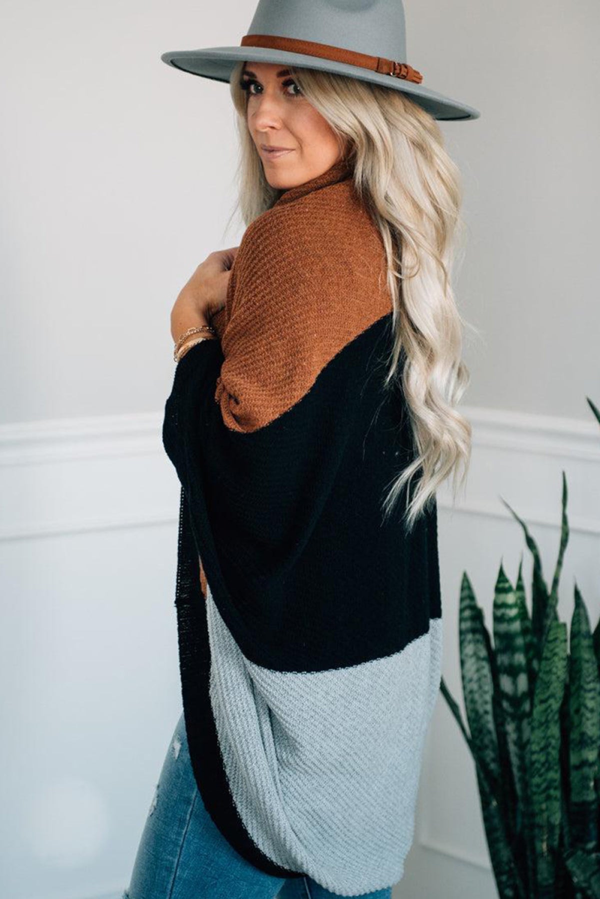 Brown Neutral Colorblock Drapey Cardigan