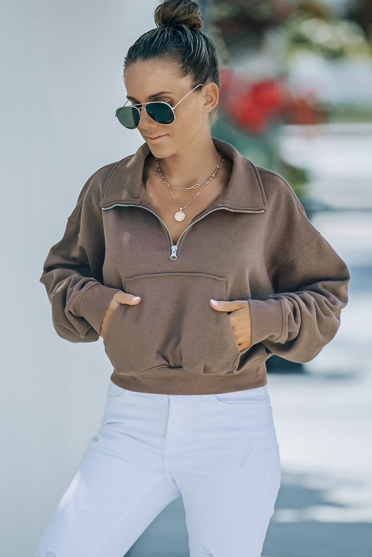 Brown Zipped Turn Down Collar Cropped Sweatshirt With Pocket