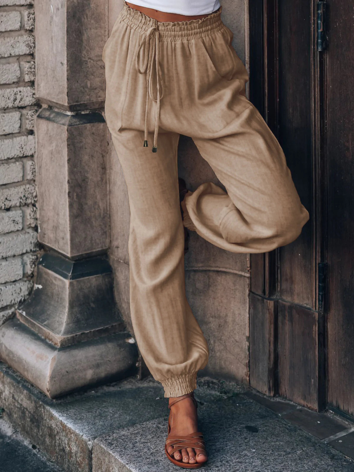 Solid Color Tie-waist Tapered Pants