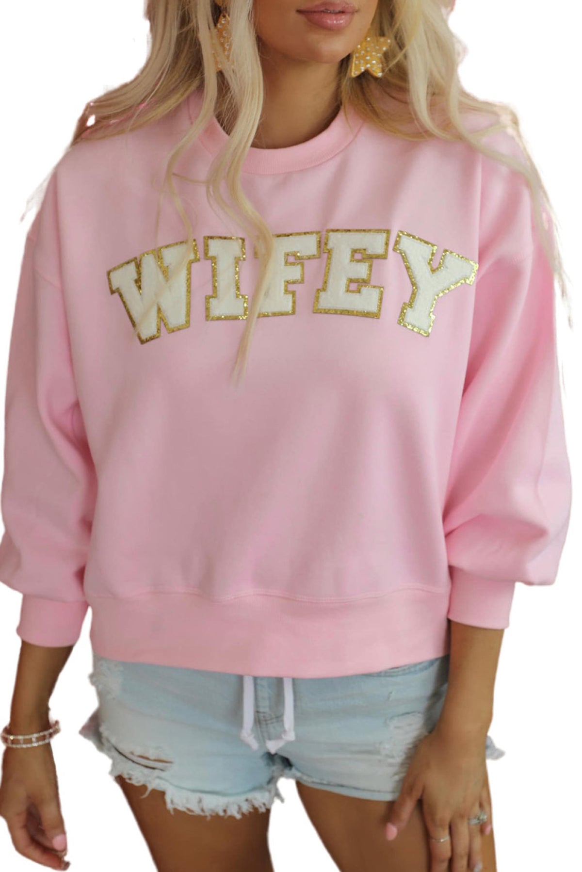 Pink WIFEY Graphic Crew Neck Pullover Sweatshirt