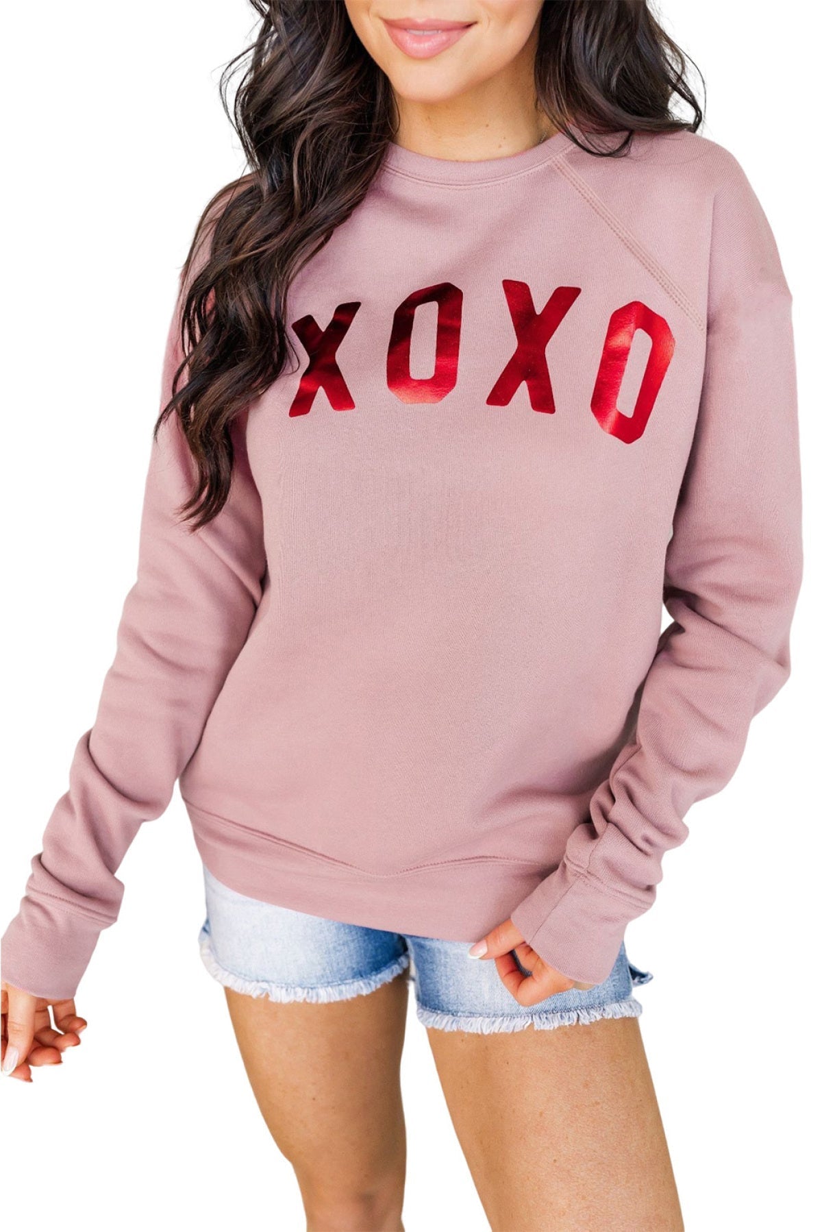 Pink XOXO Glitter Pattern Print Graphic Sweatshirt