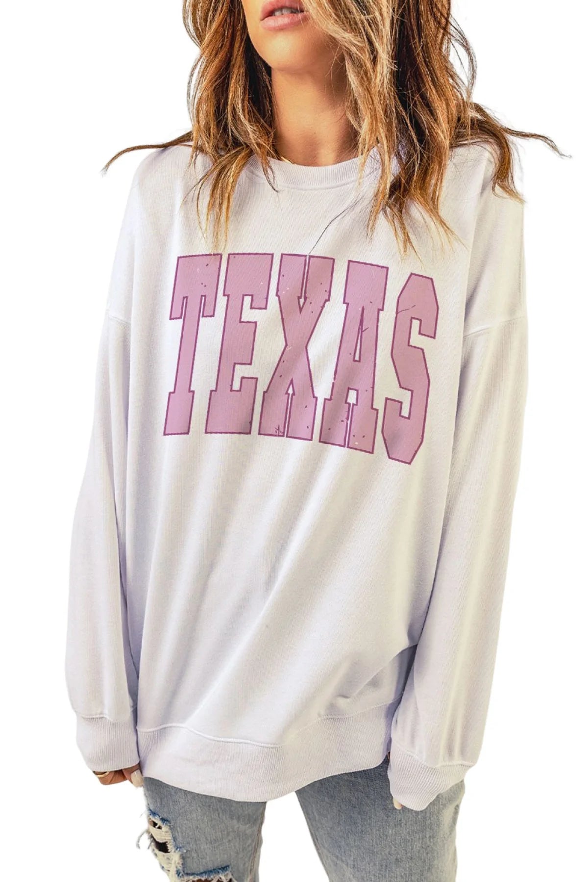 White TEXAS Drop Shoulder Oversized Pullover Sweatshirt