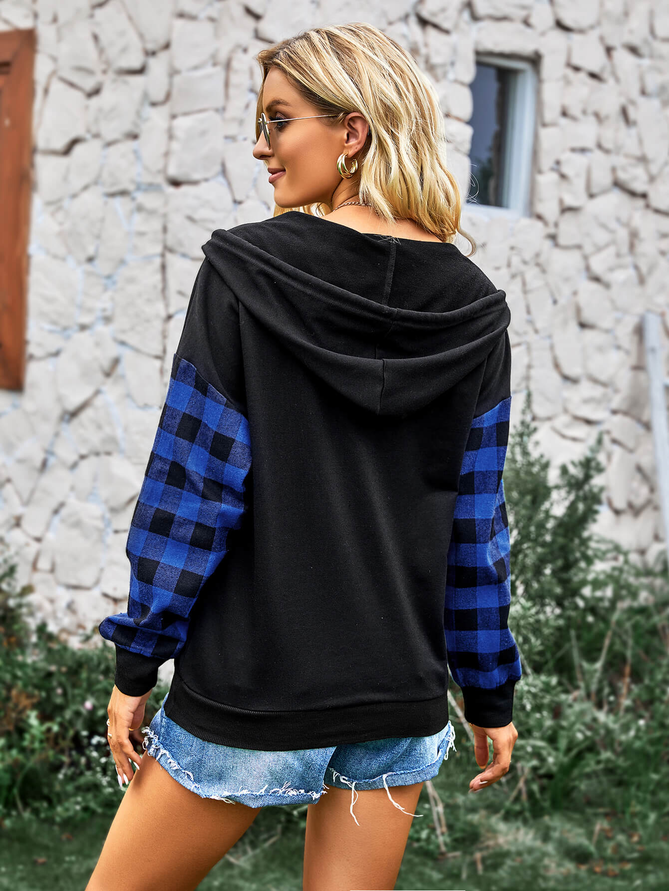 Plaid Two-Tone Quarter Snap Drawstring Detail Hoodie