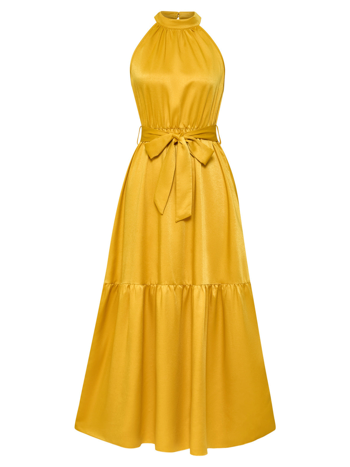 Halter Neck Tie Waist Solid Color Maxi Dress