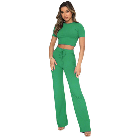 Casual High Elastic Short-Sleeved Top & Wide-Leg Pants Two-Piece Set