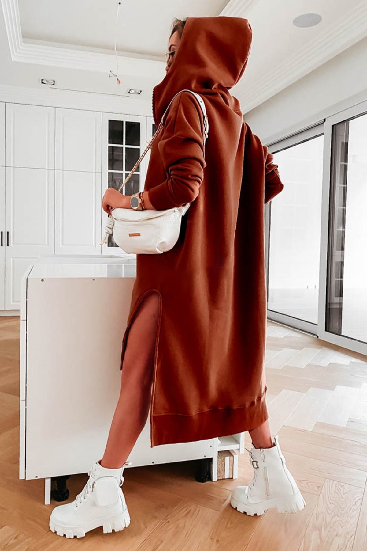 Brown Loose Half Zipper Side Slit Hooded Dress