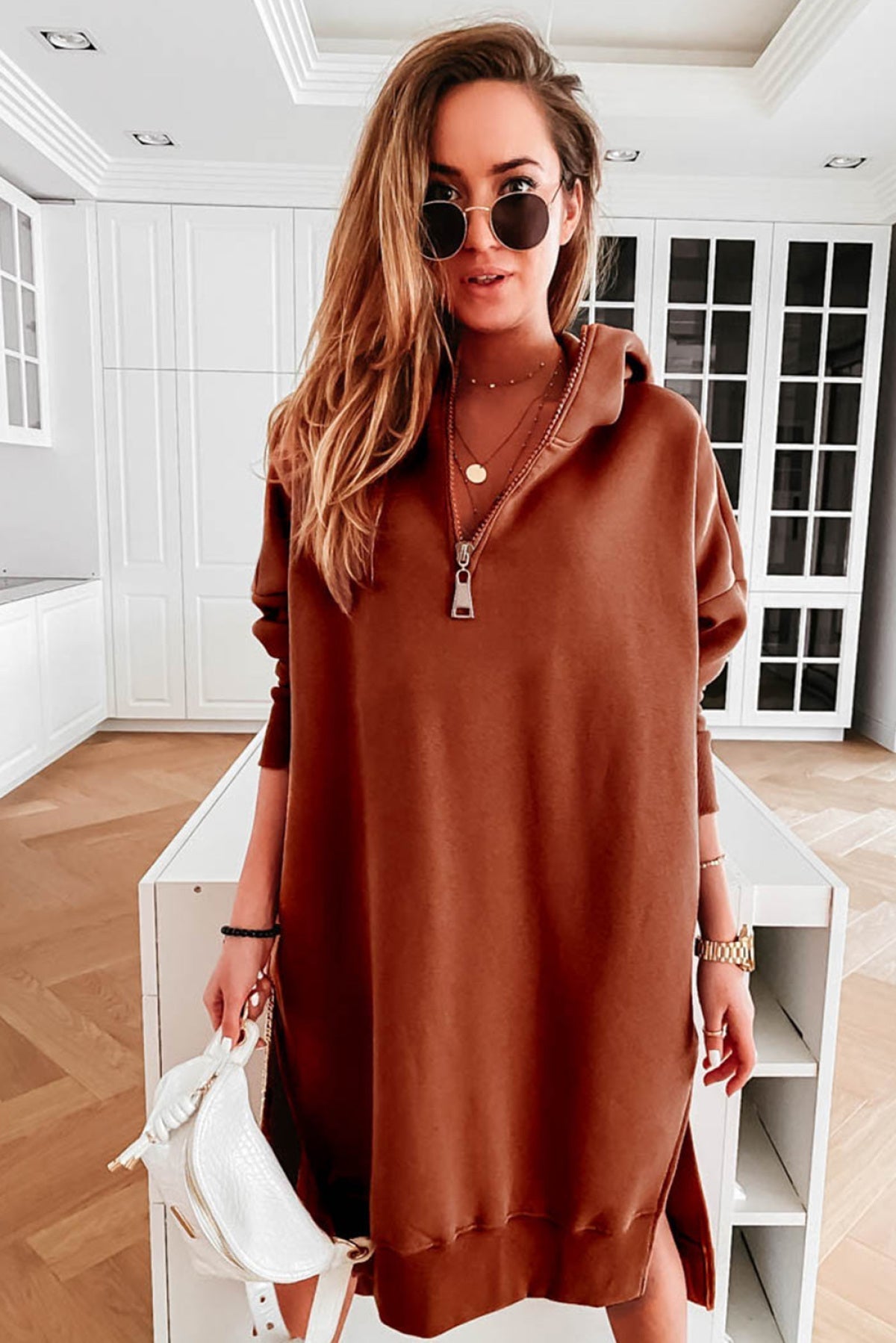 Brown Loose Half Zipper Side Slit Hooded Dress