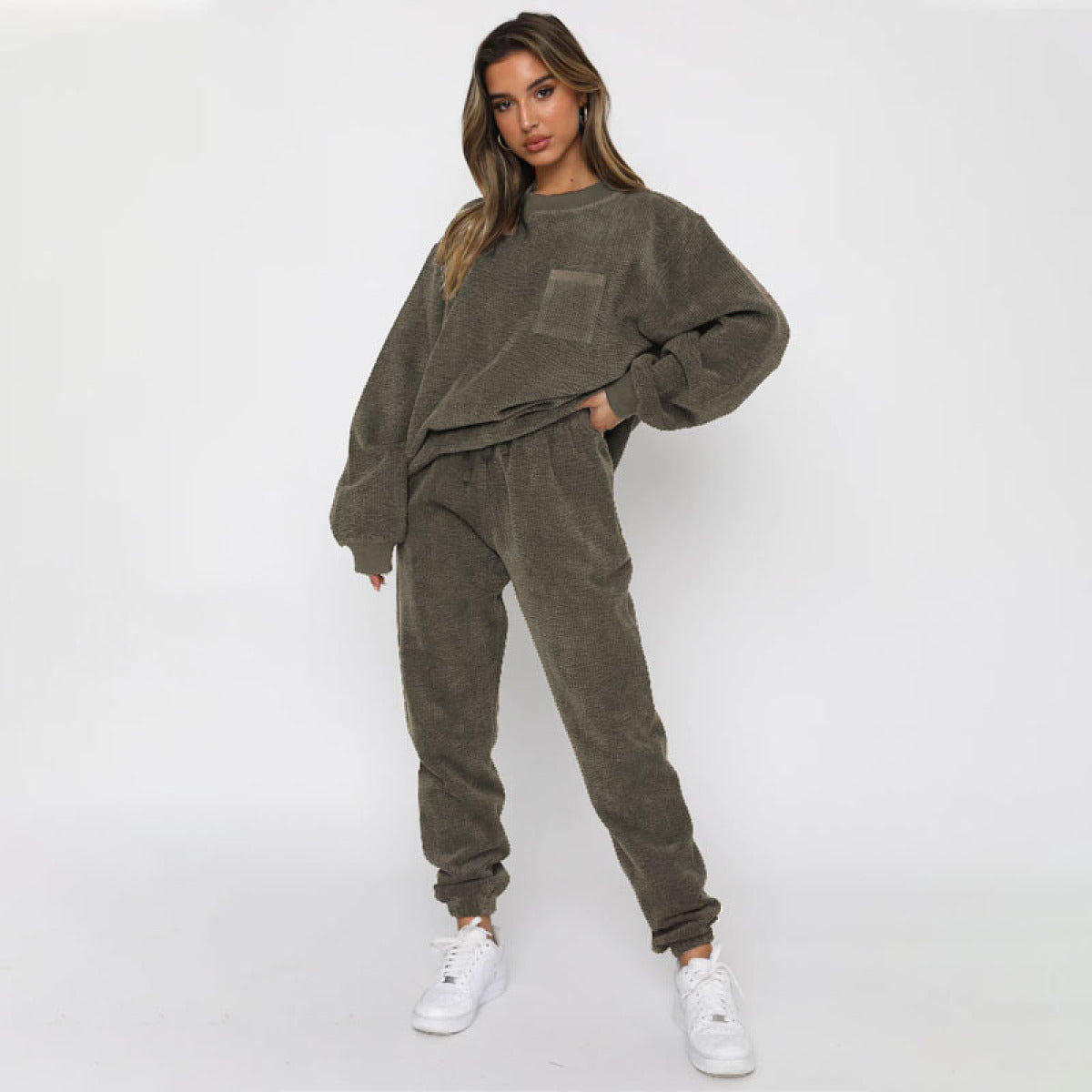 Corduroy Crew Neck Pullover Long Sleeve Sweatshirts & TiePants Two-Piece Sets