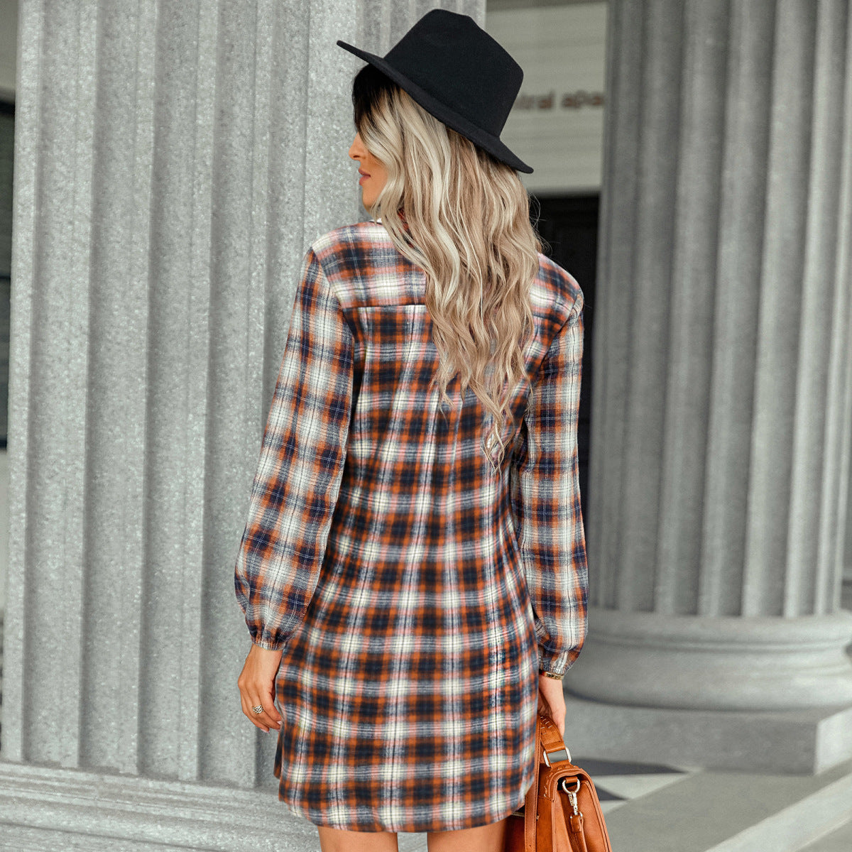 Long Sleeve Plaid Single-Breasted Shirt Dress with Belt