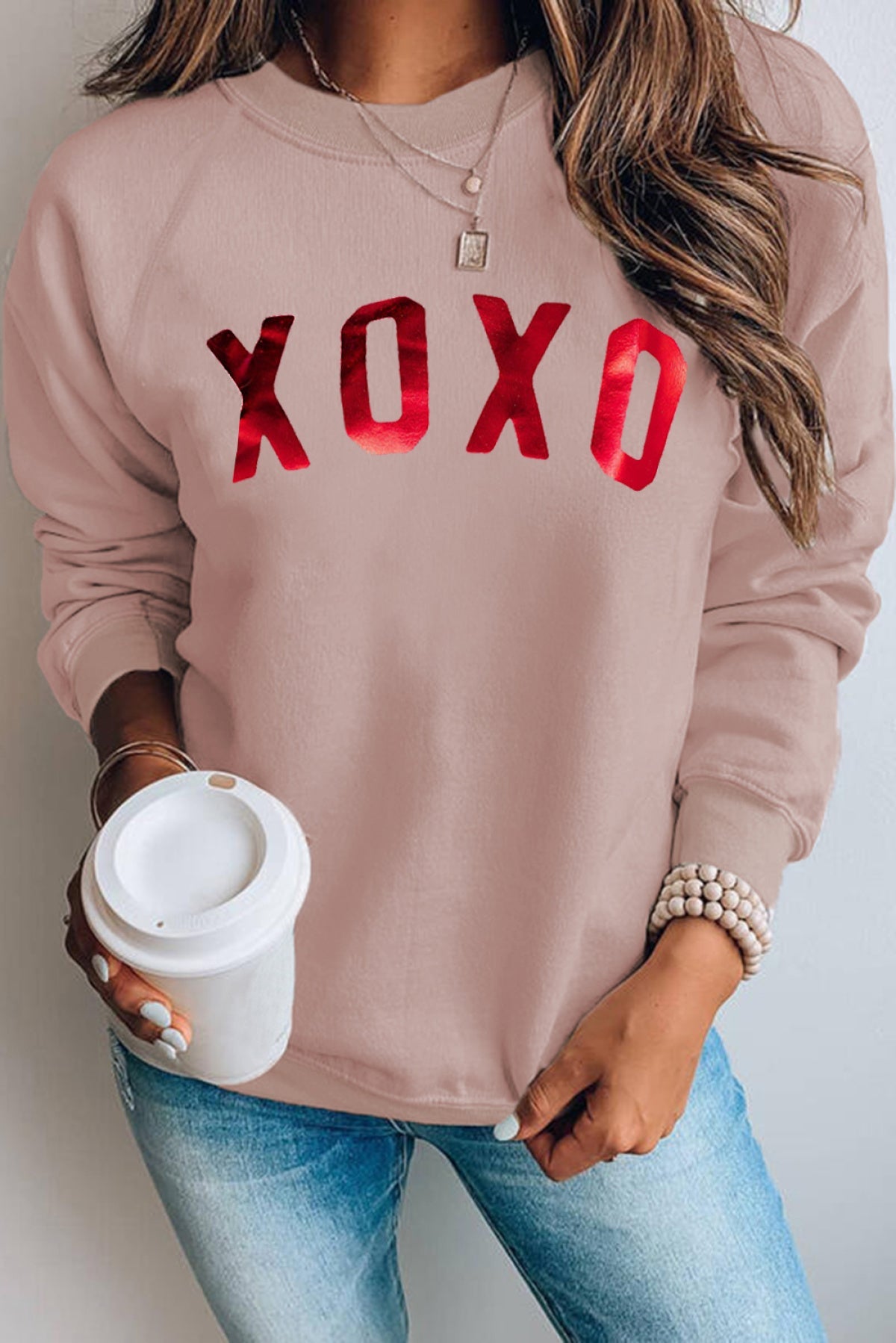 Pink XOXO Glitter Pattern Print Graphic Sweatshirt