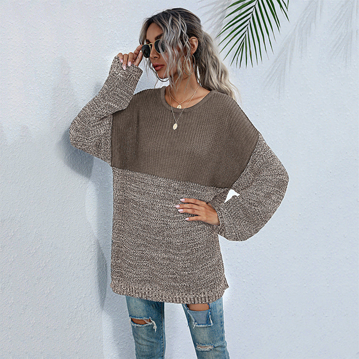 Colorblock Long Sleeve Mid-Length Knit Sweater