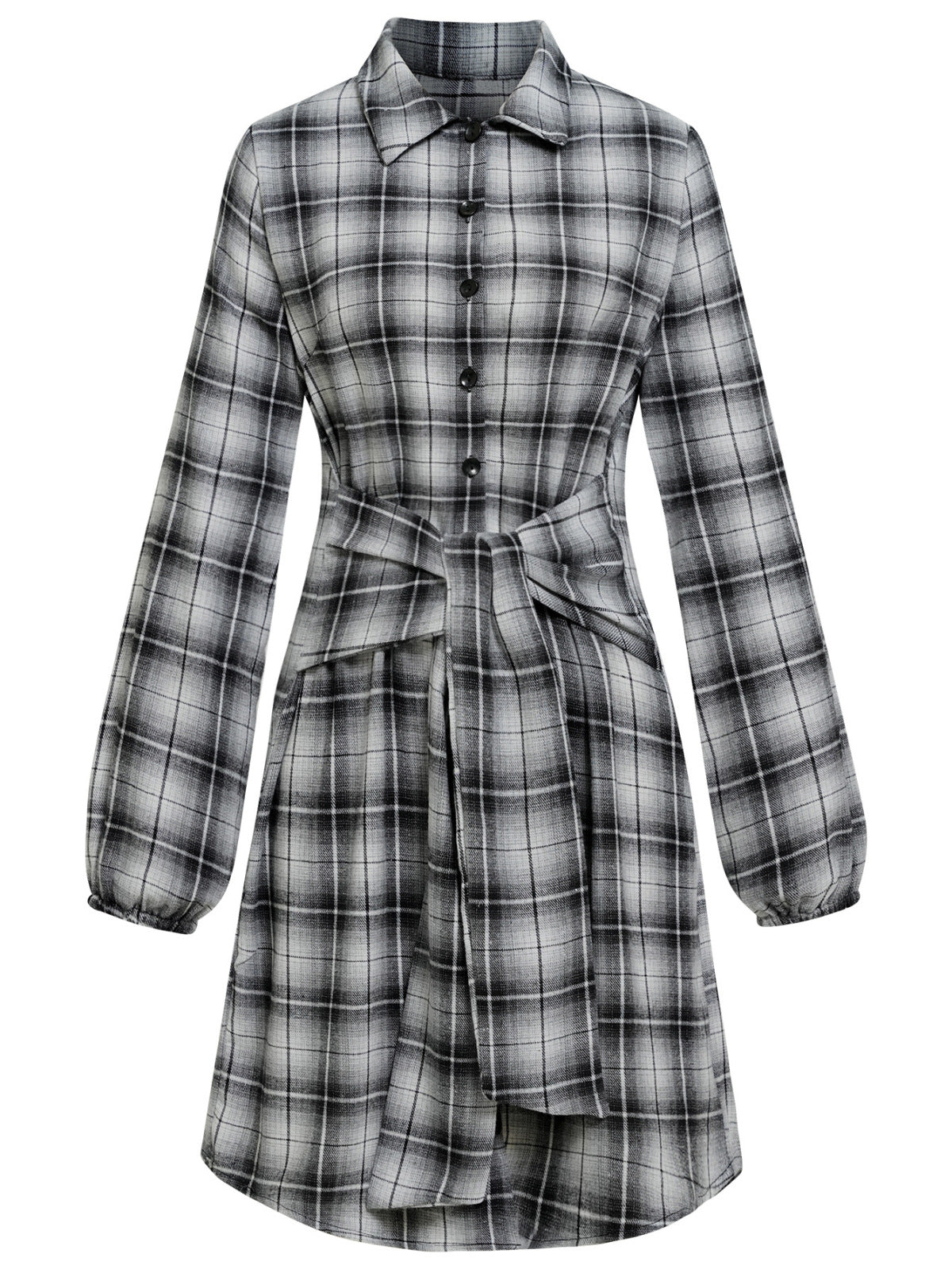 Long Sleeve Plaid Single-Breasted Shirt Dress with Belt