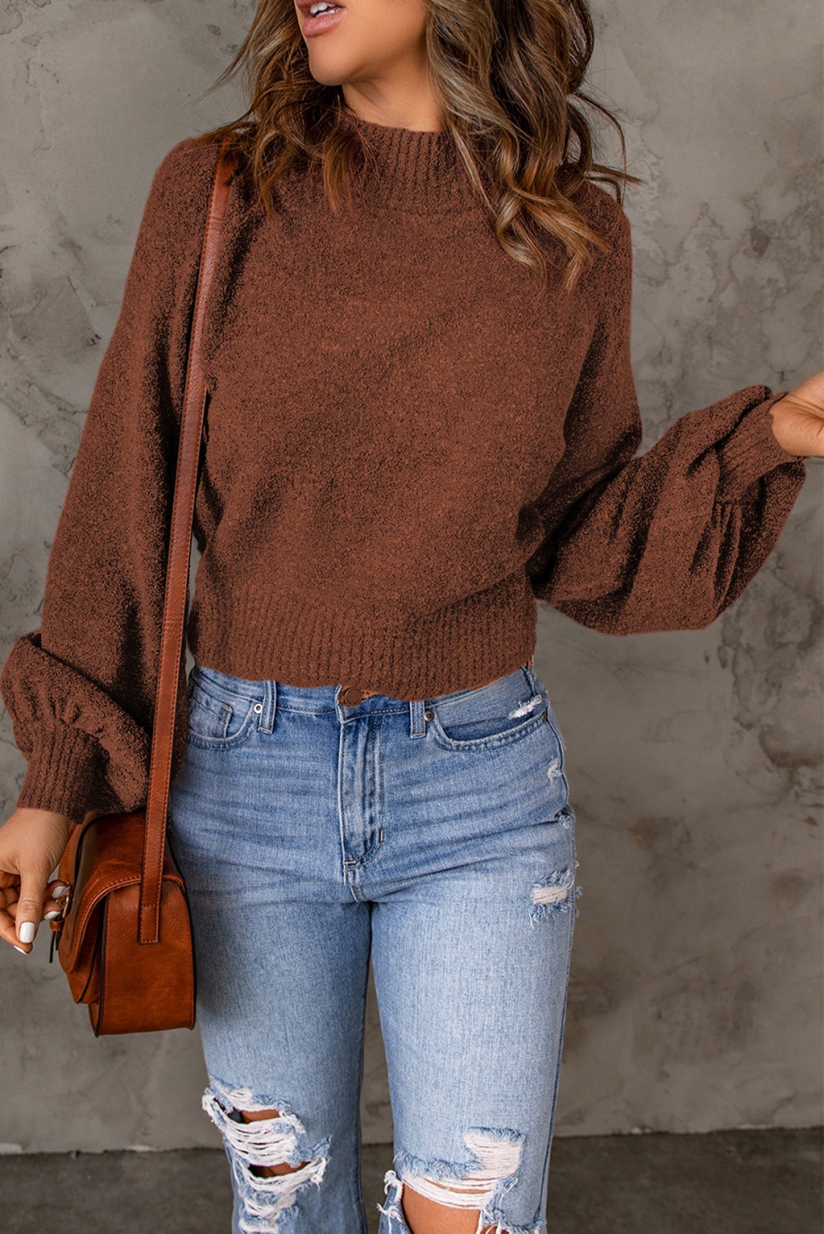 Brown Solid Color Lantern Sleeve Knitted Sweater