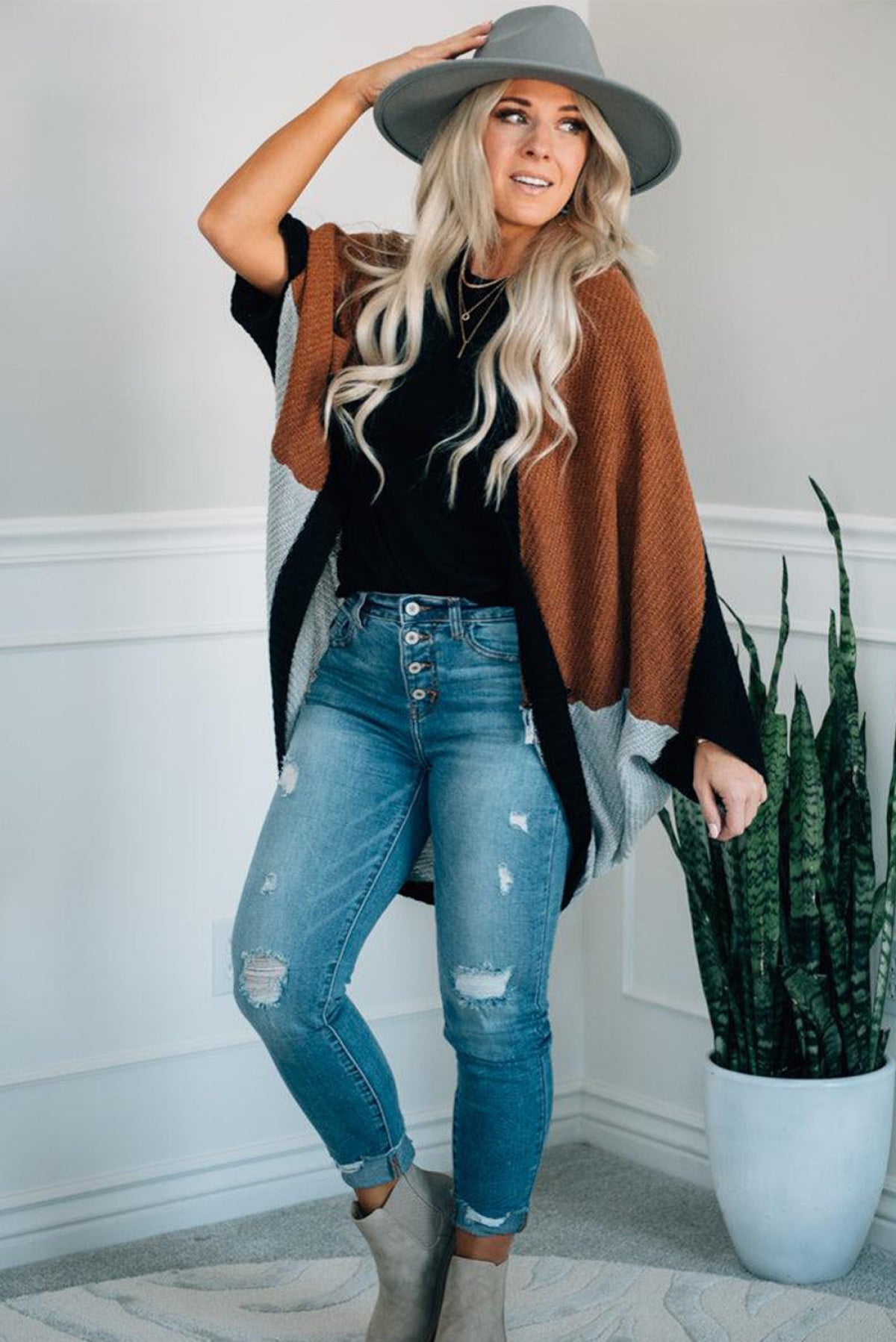 Brown Neutral Colorblock Drapey Cardigan