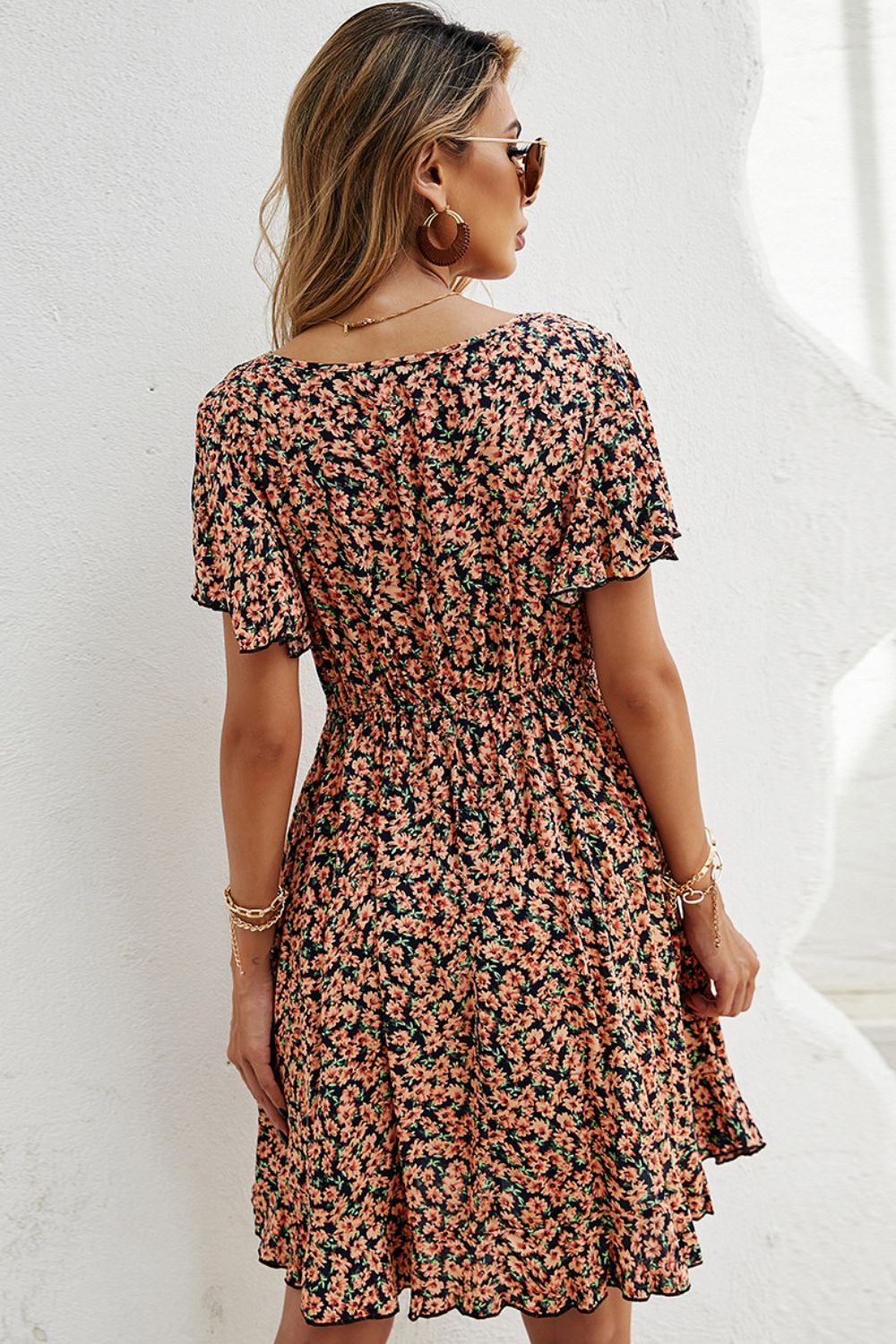 Floral Flutter Sleeve Plunge Dress