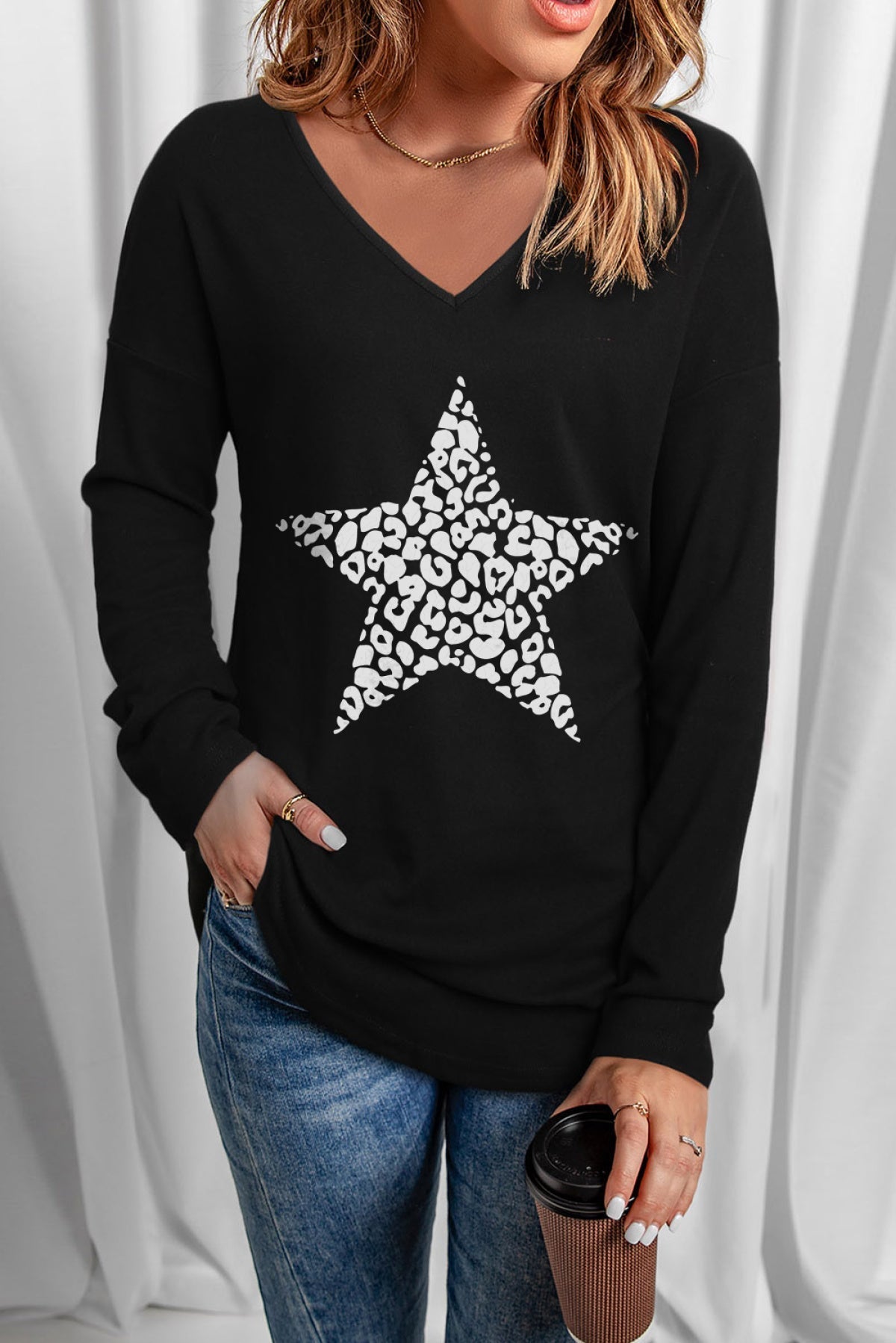 Black Leopard Star Print V Neck Long Sleeve Top