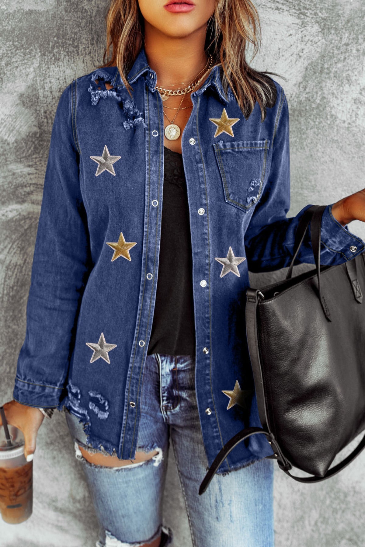 Blue Star Embroidery Distressed Denim Jacket