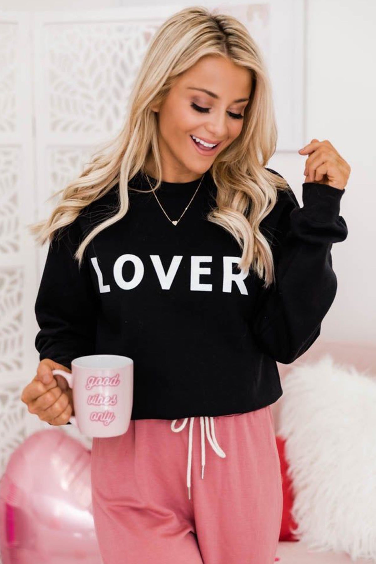 Black LOVER Letter Print Crew Neck Pullover Sweatshirt