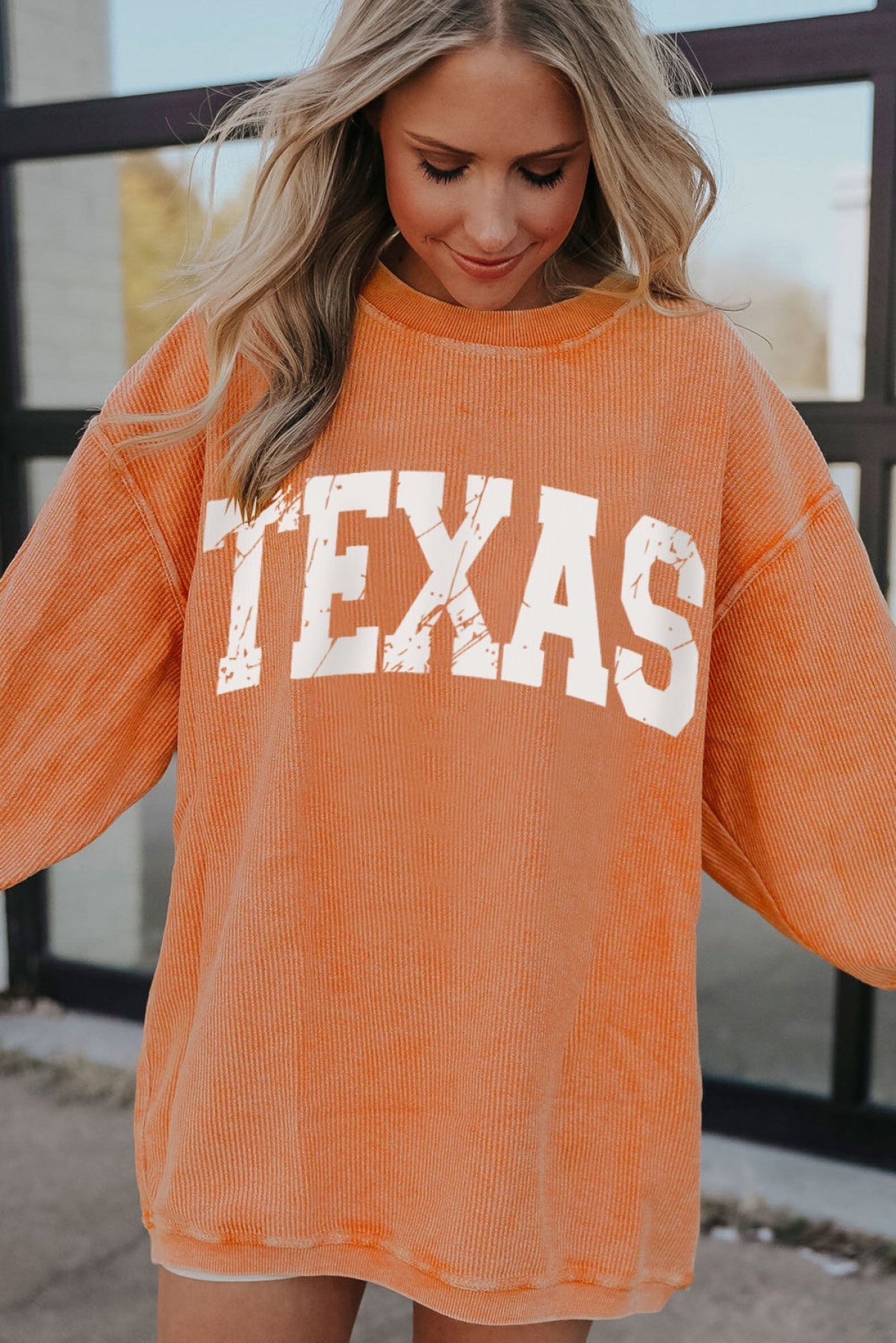 Orange TEXAS Ribbed Knit Long Sleeve Sweatshirt