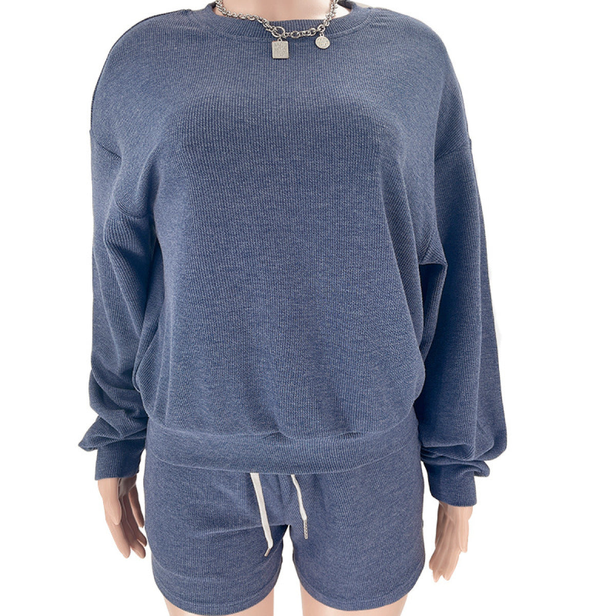 Crew Neck Pullover Long-Sleeved Sweatshirts & Tie Shorts Lounge Sets