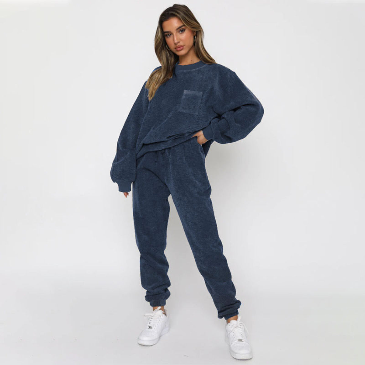 Corduroy Crew Neck Pullover Long Sleeve Sweatshirts & TiePants Two-Piece Sets