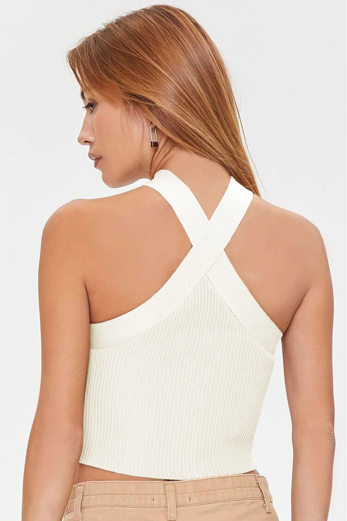 White Ribbed Knit Criss Cross Halter Neck Tank Top