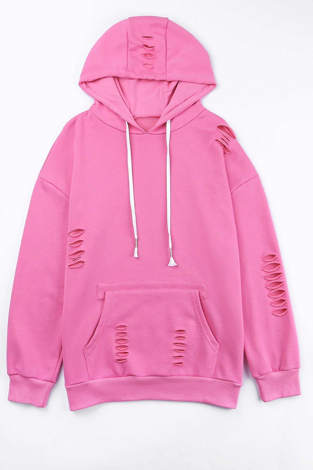 Pink Shabby Distressed Drawstring Hoodie