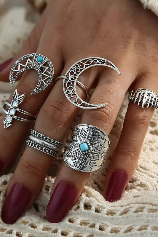 Silver Bohemian Natural Stone Rings Set