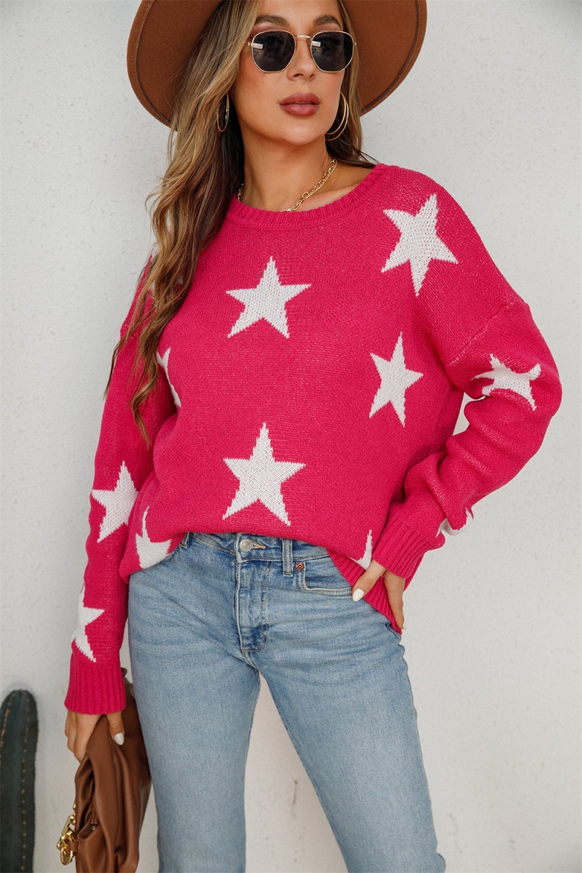 Crew Neck Long Sleeve Stars Graphics Sweater