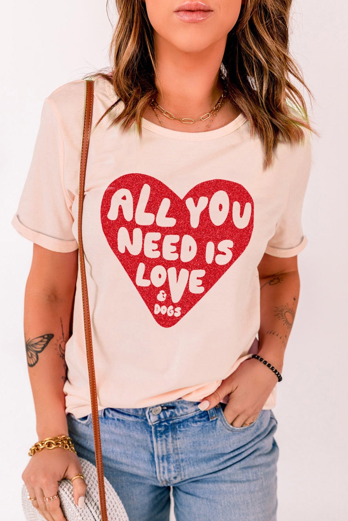 Pink All YOU NEED IS LOVE Heart Glitter Graphic T-Shirt