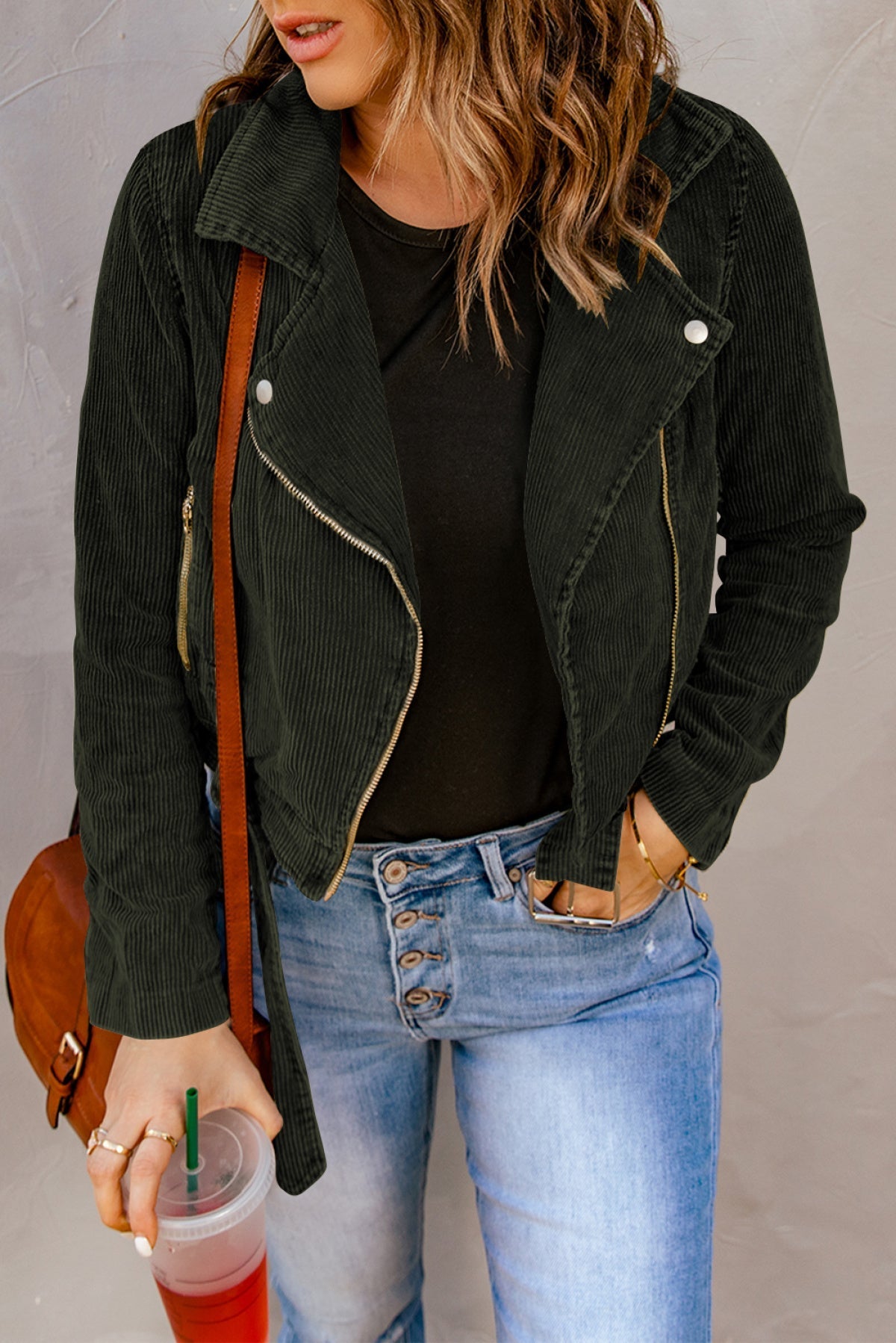 Belted Zip Up Corduroy Jacket