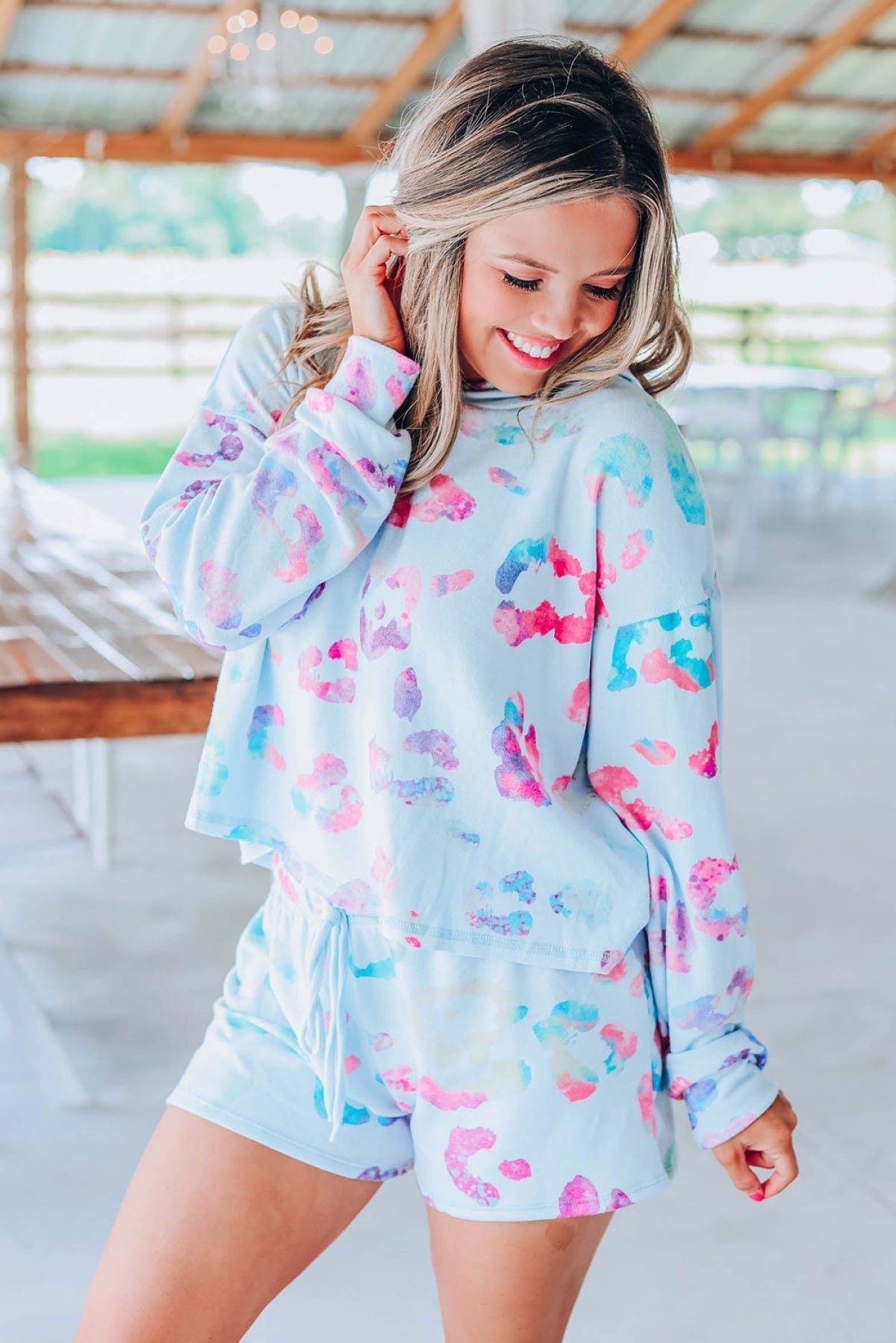 Sky Blue Leopard Print Hoodie And Shorts Set