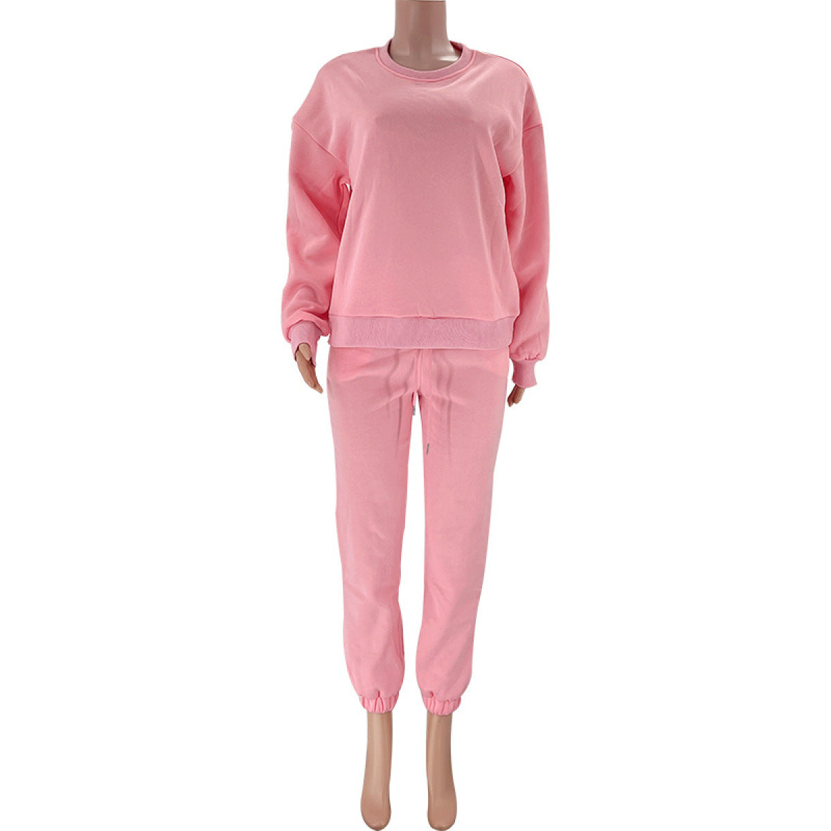 Solid Color Round Neck Long-Sleeved Sweatshirt & Sweatpants Set