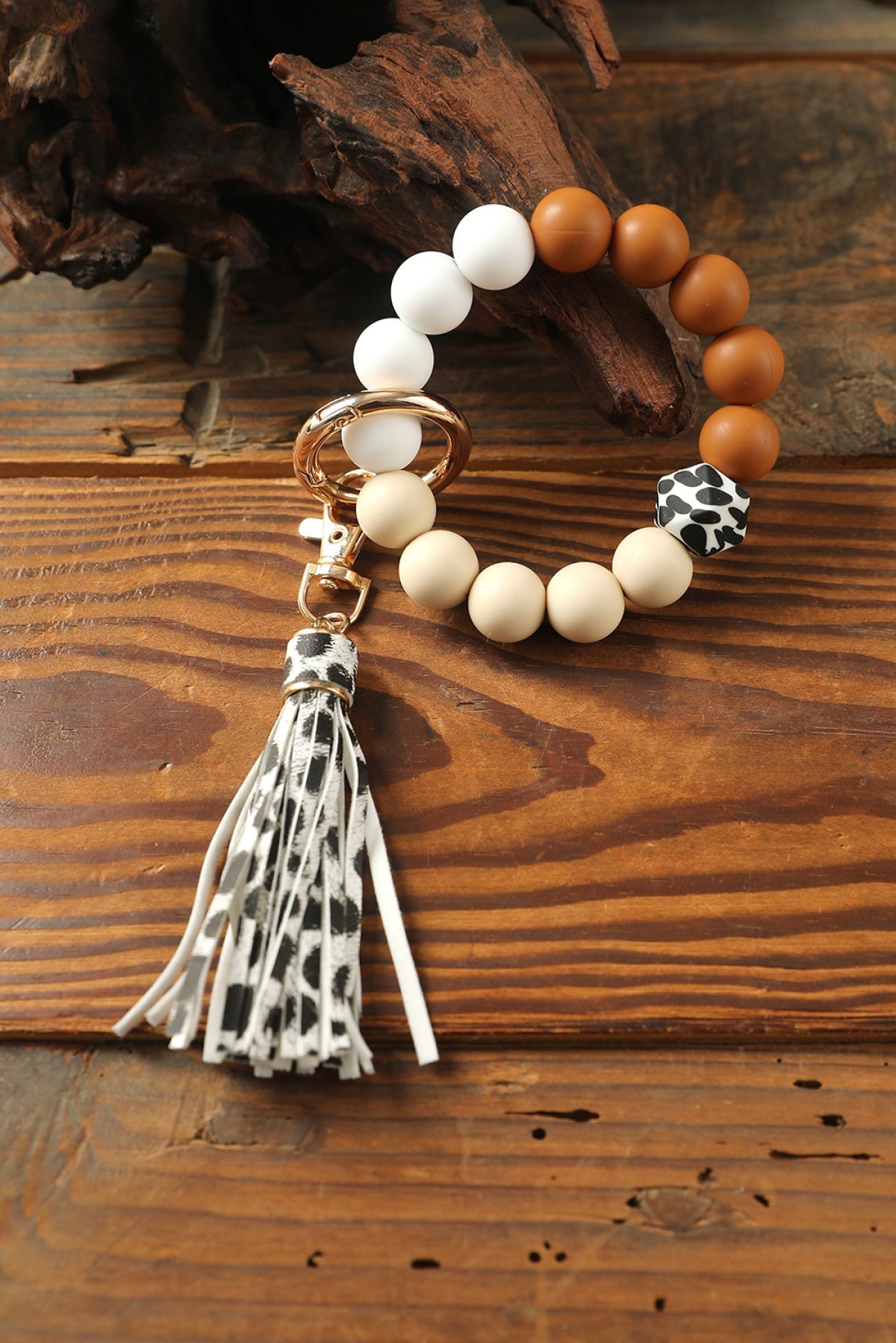 Multicolor Silicone Beads Bracelet Leopard Tassel Keyring