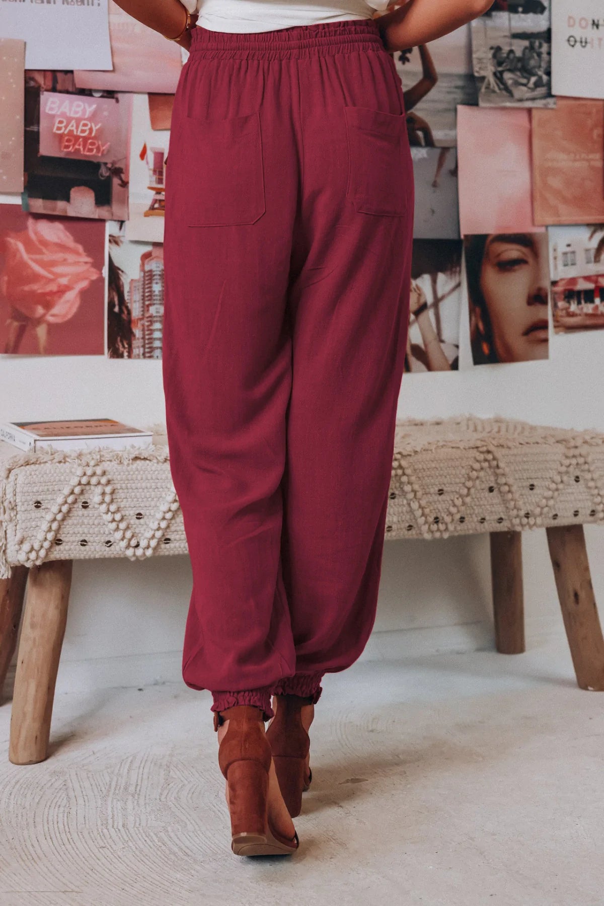 Solid Color Tie-waist Tapered Pants