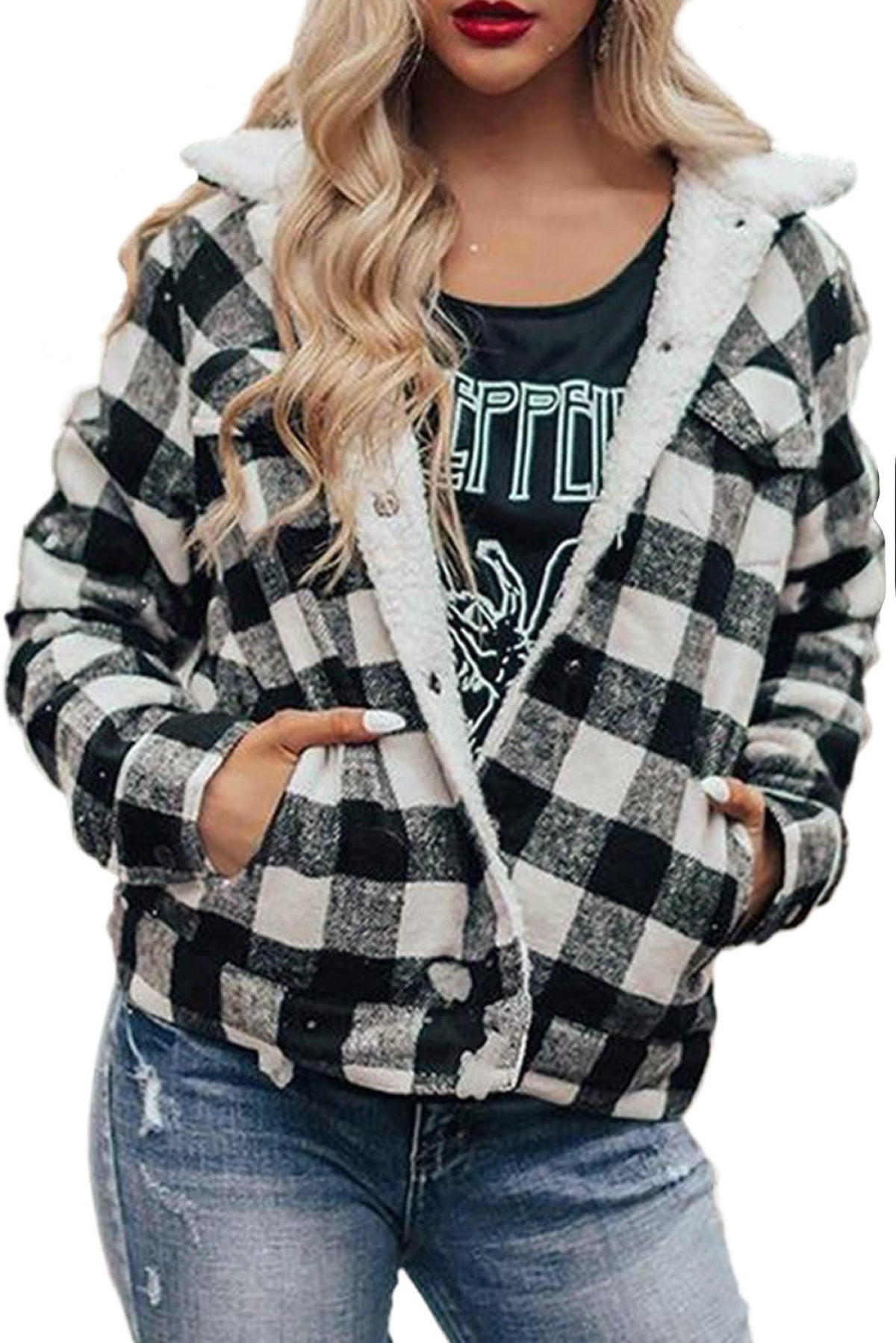 Plaid Print Fleece Button Jacket