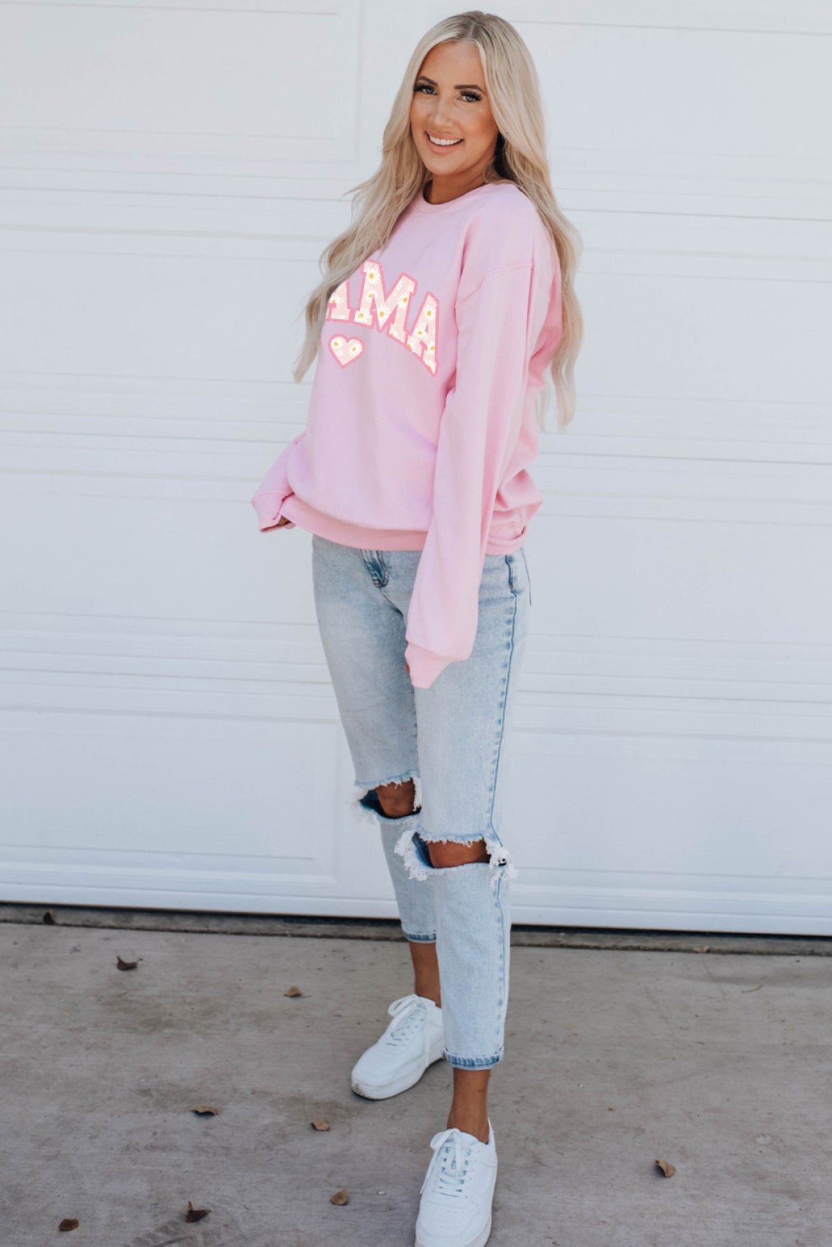 Pink Mama Letter Print Daisy Shading Sweatshirt