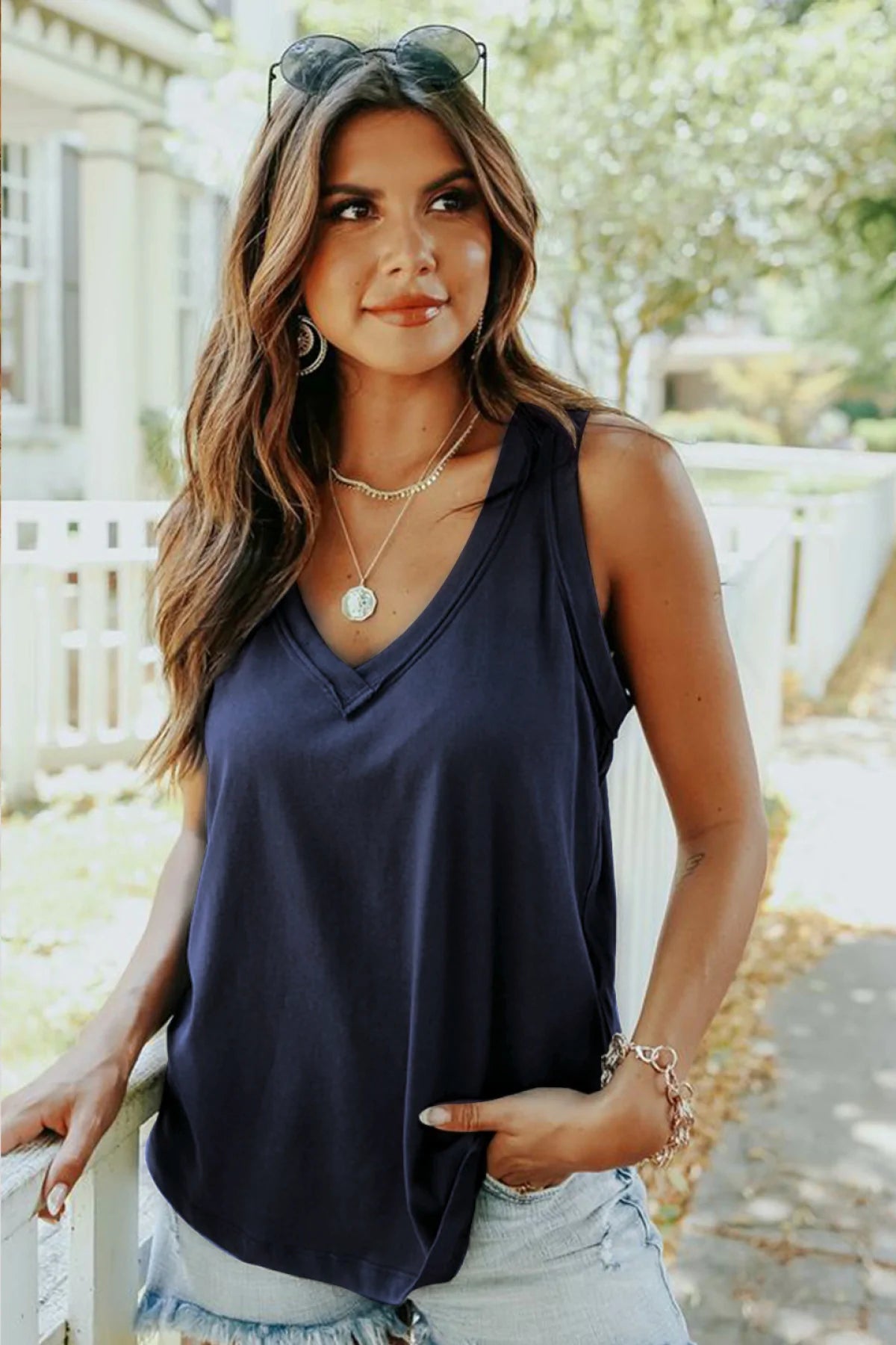 Deep V Solid Color Tank Top